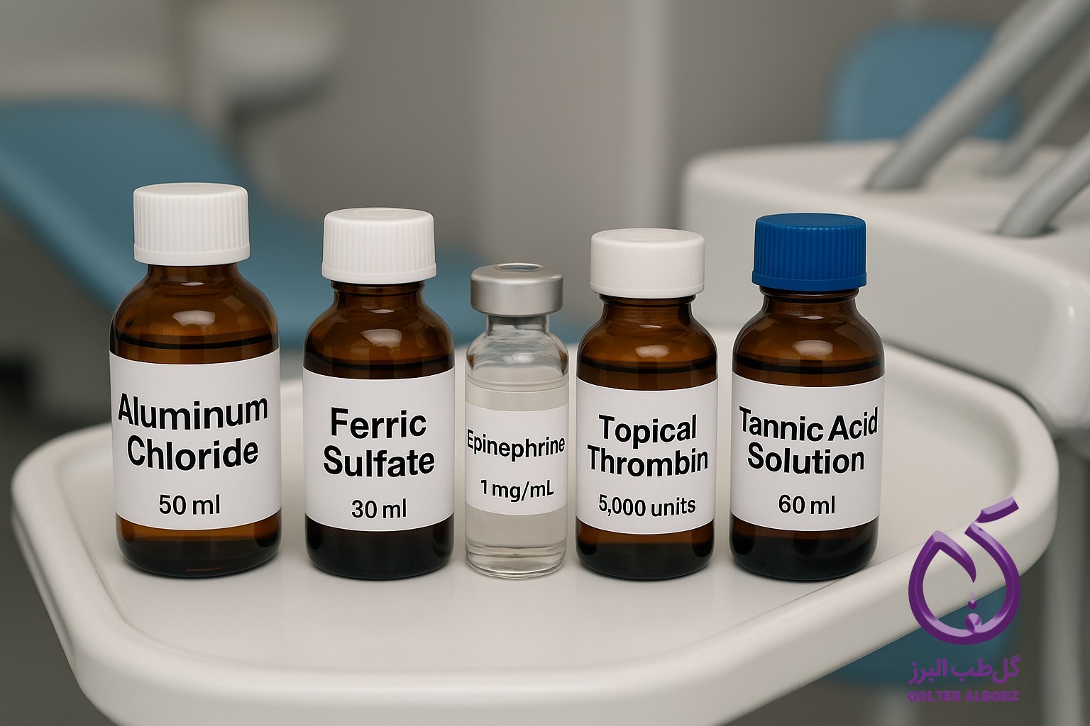 داروهای هموستاتیک جراحی های پریودنتال دندانپزشکی مانند:  1. آلومینیوم کلراید (Aluminum Chloride)  2. فریک سولفات (Ferric Sulfate)  3. اپی‌نفرین (Epinephrine)  4. ترومبین موضعی (Topical Thrombin)  5. محلول تانیک اسید (Tannic Acid Solution)
